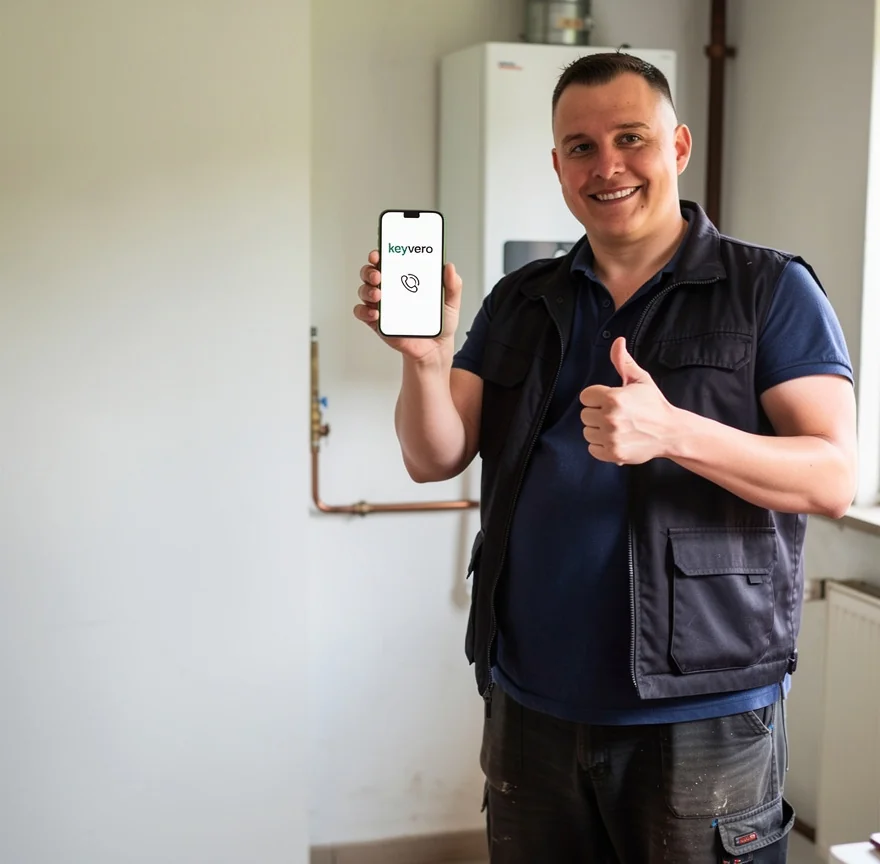 Installateur im Heizraum mit der Keyvero-App