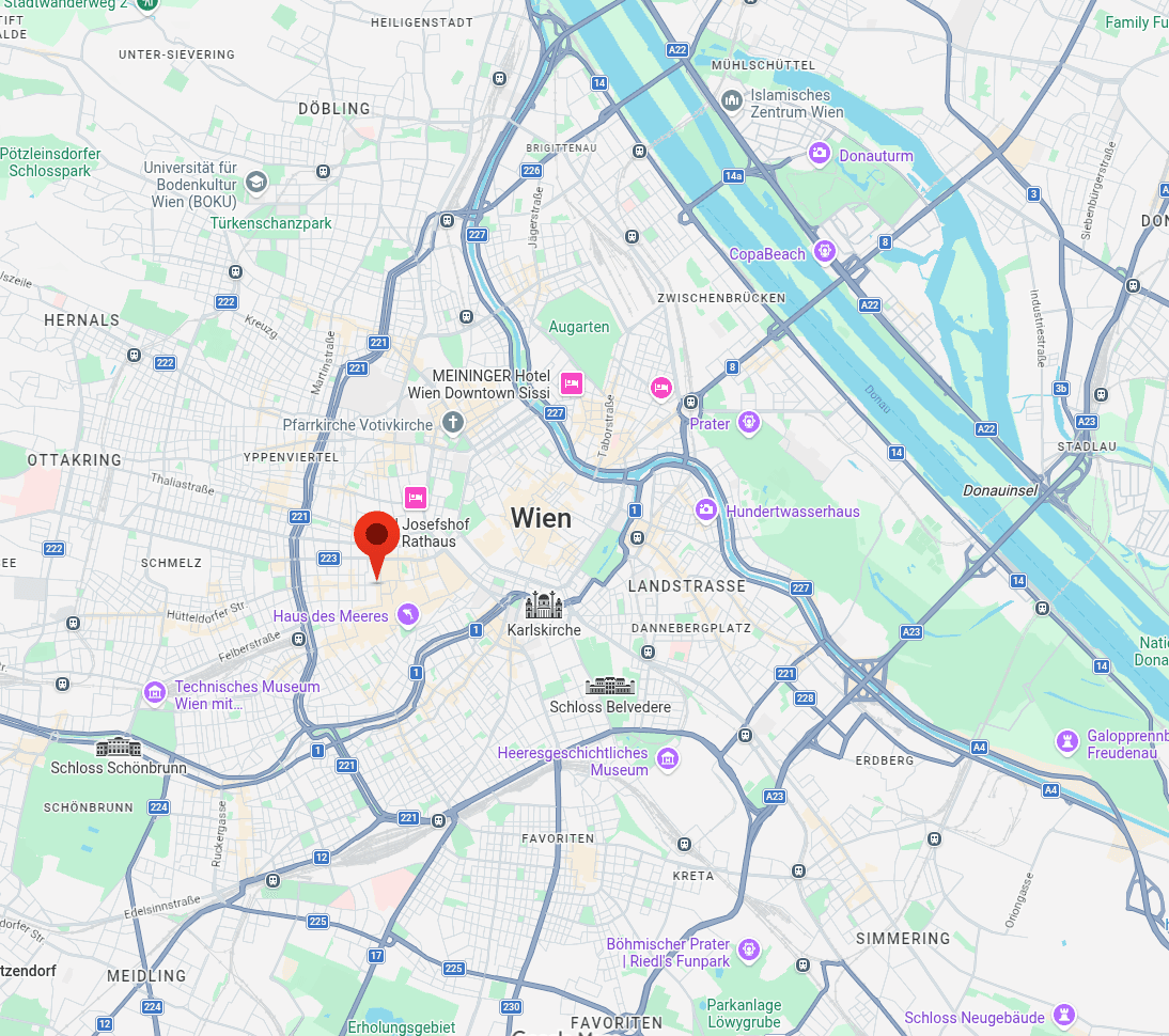 Karte von Wien mit einer Stecknadel im 7. Bezirk, dem Sitz von Keyvero.